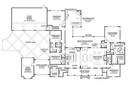 Country, Farmhouse House Plan 41401 with 4 Beds, 4 Baths, 4 Car Garage First Level Plan
