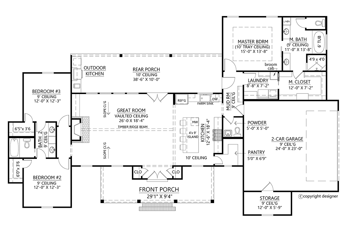 Country, Farmhouse, Southern House Plan 41407 with 3 Beds, 3 Baths, 2 Car Garage Level One