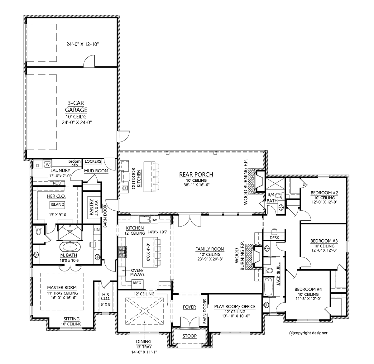 Colonial, European, French Country, Southern House Plan 41408 with 4 Beds, 3 Baths, 3 Car Garage Level One