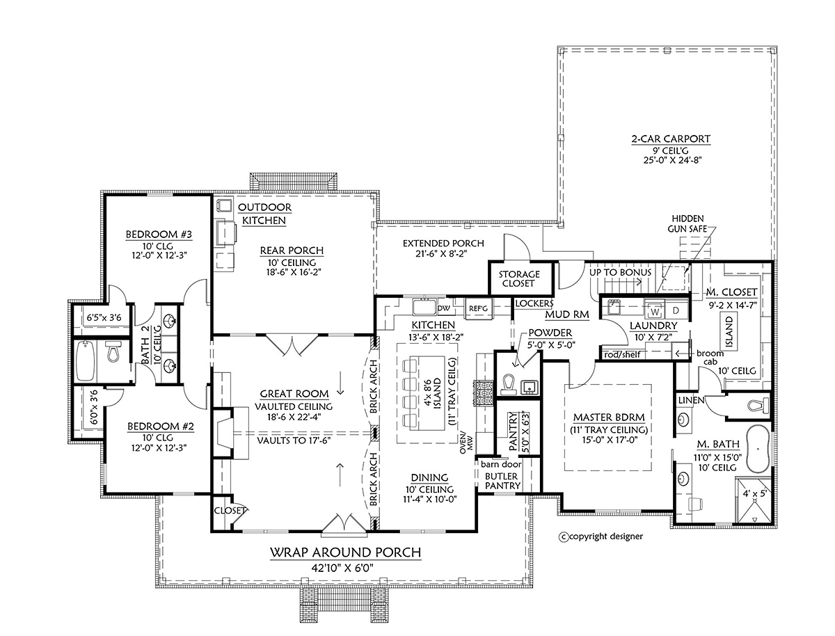 Country, Farmhouse, Southern House Plan 41409 with 3 Beds, 3 Baths, 2 Car Garage Level One