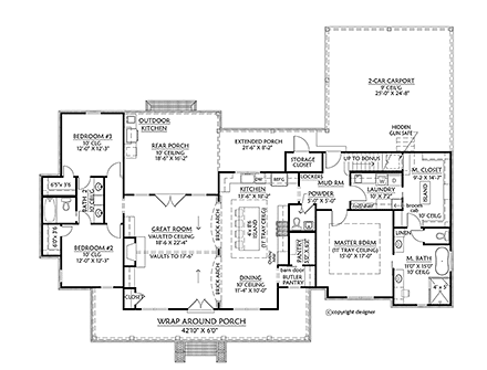 Country, Farmhouse, Southern House Plan 41409 with 3 Beds, 3 Baths, 2 Car Garage First Level Plan