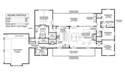 Country, Farmhouse, Traditional House Plan 41412 with 4 Beds, 3 Baths, 2 Car Garage First Level Plan
