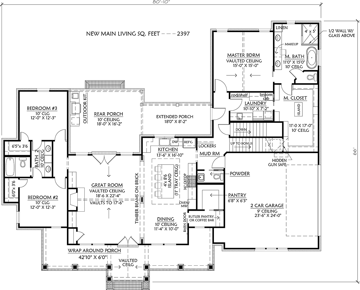 Cottage, Country, Craftsman, Farmhouse House Plan 41413 with 3 Beds, 3 Baths, 2 Car Garage Alternate Level One