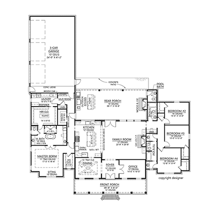 Country, European, French Country House Plan 41415 with 4 Beds, 4 Baths, 3 Car Garage First Level Plan