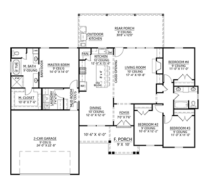 Craftsman, Farmhouse House Plan 41416 with 4 Beds, 2 Baths, 2 Car Garage First Level Plan
