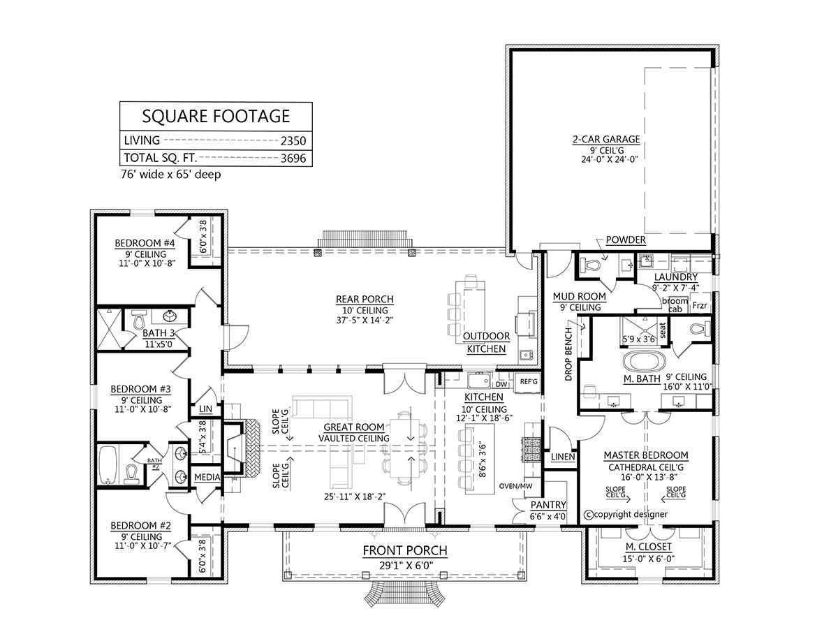 Colonial, Country, Southern House Plan 41417 with 4 Beds, 4 Baths, 2 Car Garage Level One