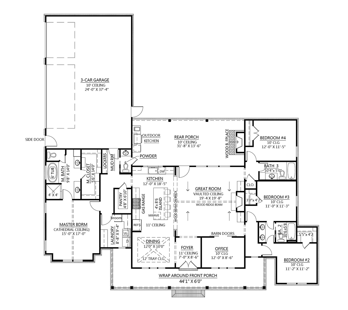 Country, Farmhouse House Plan 41418 with 4 Beds, 4 Baths, 3 Car Garage Level One