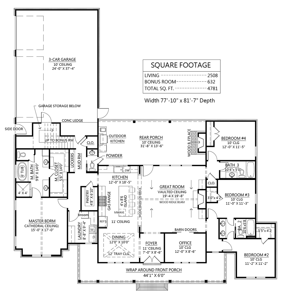 Country, Farmhouse House Plan 41419 with 4 Beds, 4 Baths, 3 Car Garage Level One