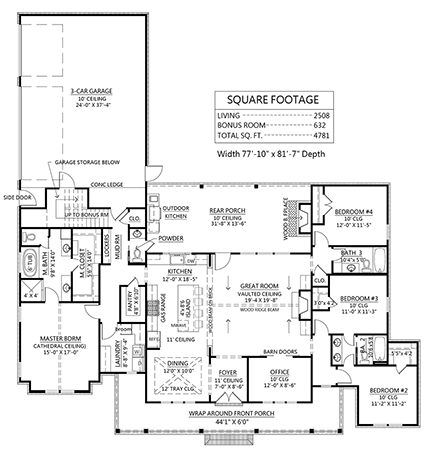 Country, Farmhouse House Plan 41419 with 4 Beds, 4 Baths, 3 Car Garage First Level Plan