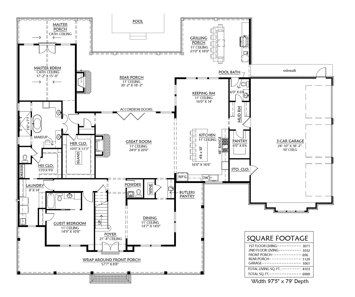Country, Farmhouse House Plan 41420 with 4 Beds, 6 Baths, 3 Car Garage Level One