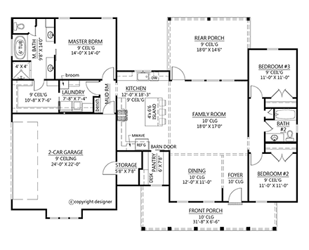 Country, Farmhouse, Southern House Plan 41422 with 3 Beds, 2 Baths, 2 Car Garage First Level Plan