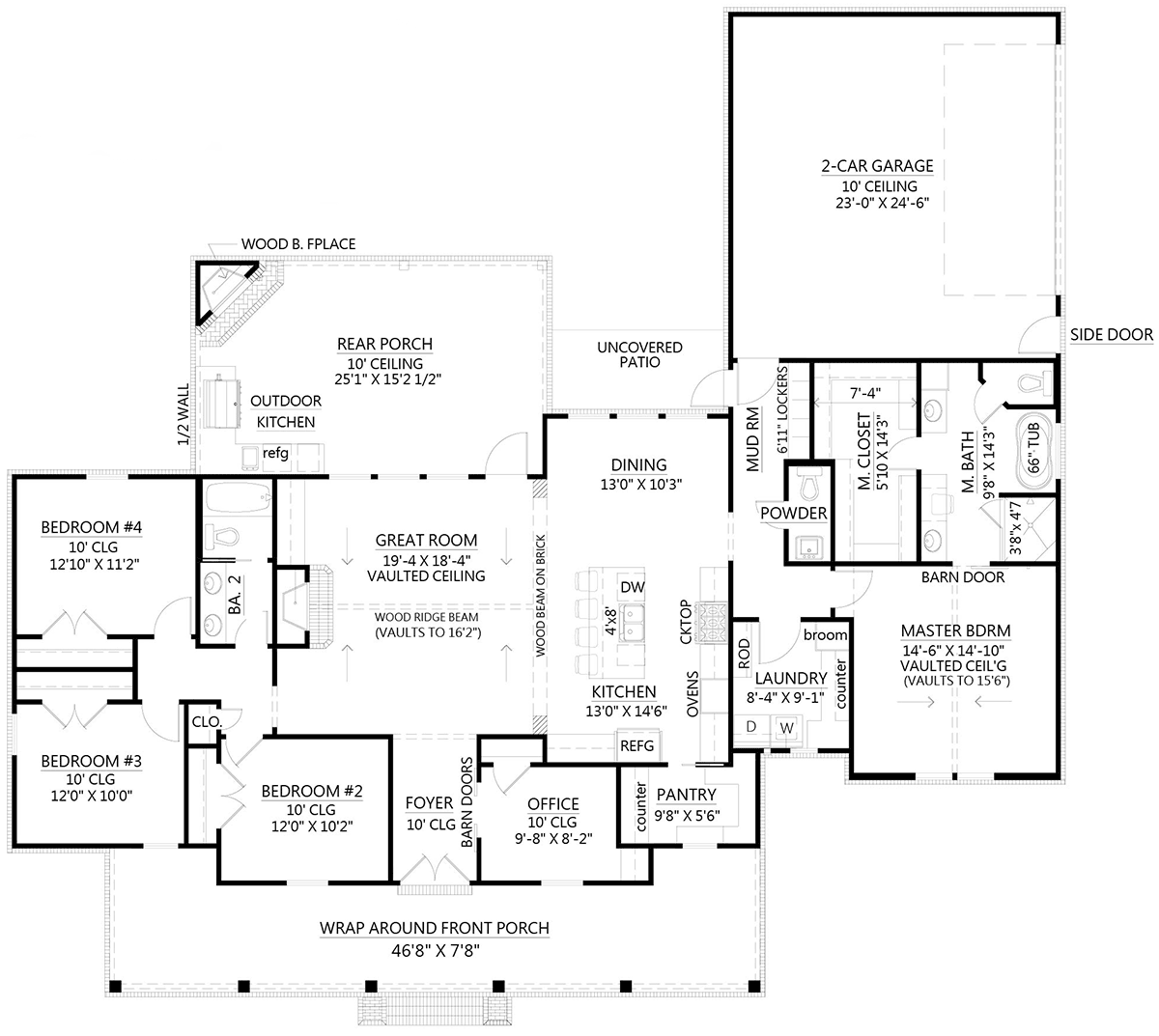 Country, Farmhouse, Southern House Plan 41424 with 4 Beds, 3 Baths, 2 Car Garage Level One