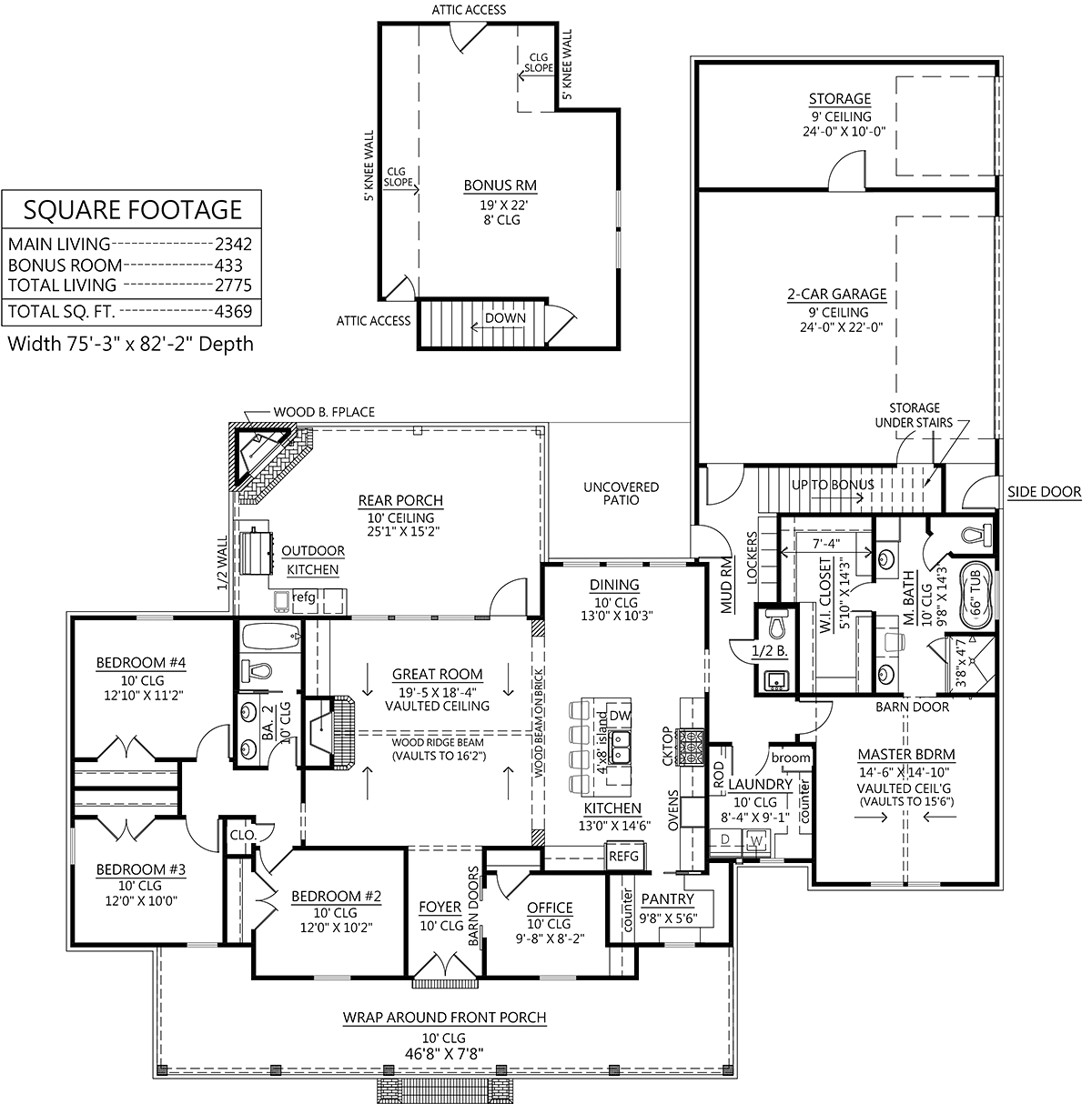 Country, Farmhouse, Southern House Plan 41424 with 4 Beds, 3 Baths, 2 Car Garage Alternate Level One
