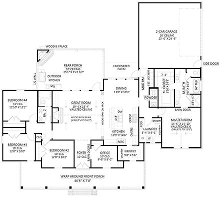Country, Farmhouse, Southern House Plan 41424 with 4 Beds, 3 Baths, 2 Car Garage First Level Plan