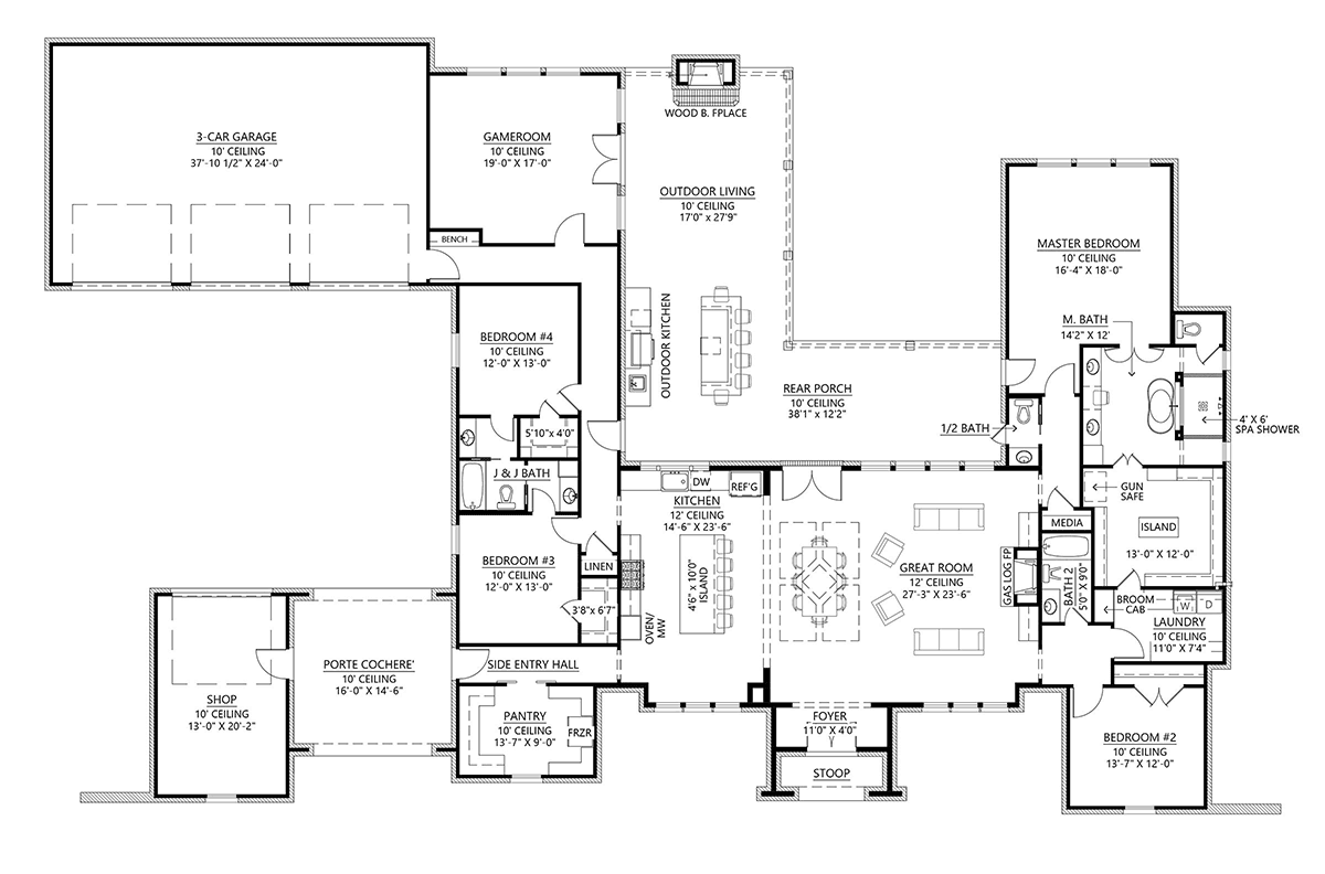 European, Santa Fe, Southwest House Plan 41427 with 4 Beds, 4 Baths, 3 Car Garage Level One