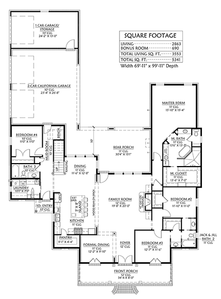 French Country, Southern House Plan 41431 with 4 Beds, 3 Baths, 3 Car Garage First Level Plan