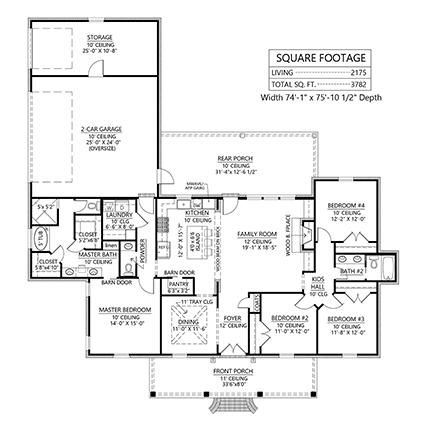 French Country, Southern House Plan 41432 with 4 Beds, 3 Baths, 2 Car Garage First Level Plan