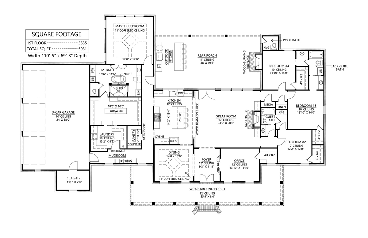 Country, Southern House Plan 41433 with 4 Beds, 4 Baths, 3 Car Garage Level One
