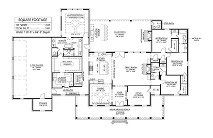 Country, Southern House Plan 41433 with 4 Beds, 4 Baths, 3 Car Garage First Level Plan