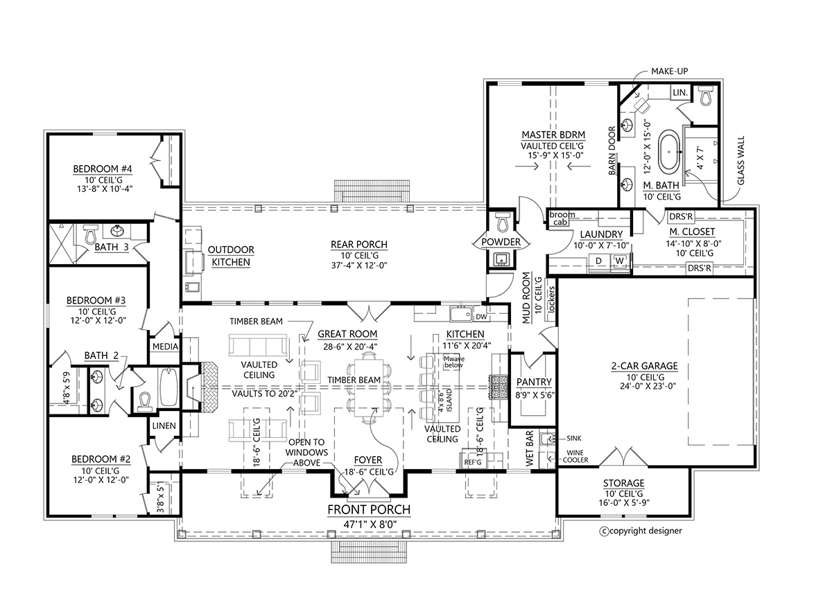Craftsman, Farmhouse House Plan 41434 with 4 Beds, 4 Baths, 2 Car Garage Level One