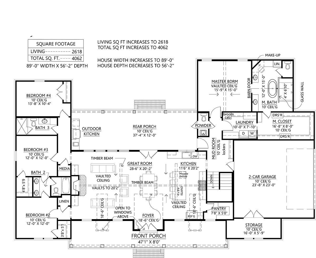 Craftsman, Farmhouse House Plan 41434 with 4 Beds, 4 Baths, 2 Car Garage Alternate Level One