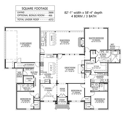 European, French Country House Plan 41440 with 4 Beds, 3 Baths, 2 Car Garage First Level Plan