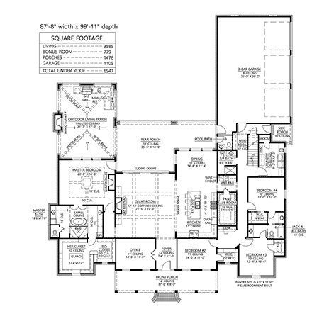 French Country House Plan 41441 with 4 Beds, 4 Baths, 3 Car Garage First Level Plan