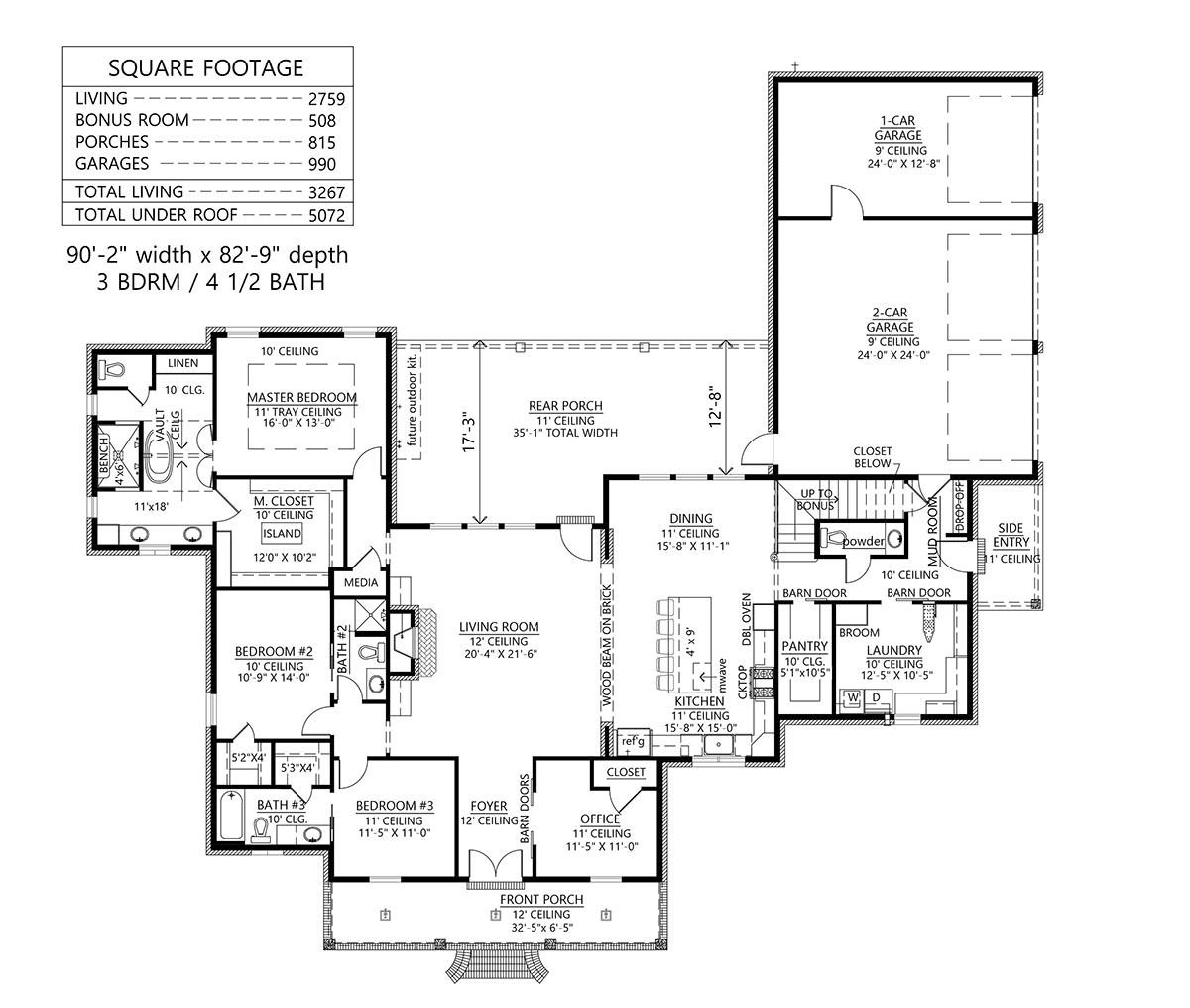 French Country, Southern House Plan 41443 with 3 Beds, 5 Baths, 3 Car Garage Level One