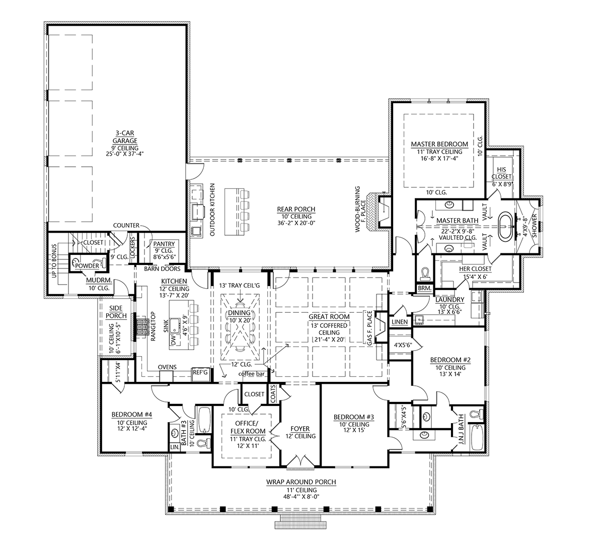 Farmhouse, Southern House Plan 41444 with 4 Beds, 4 Baths, 3 Car Garage Level One