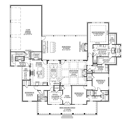Farmhouse, Southern House Plan 41444 with 4 Beds, 4 Baths, 3 Car Garage First Level Plan