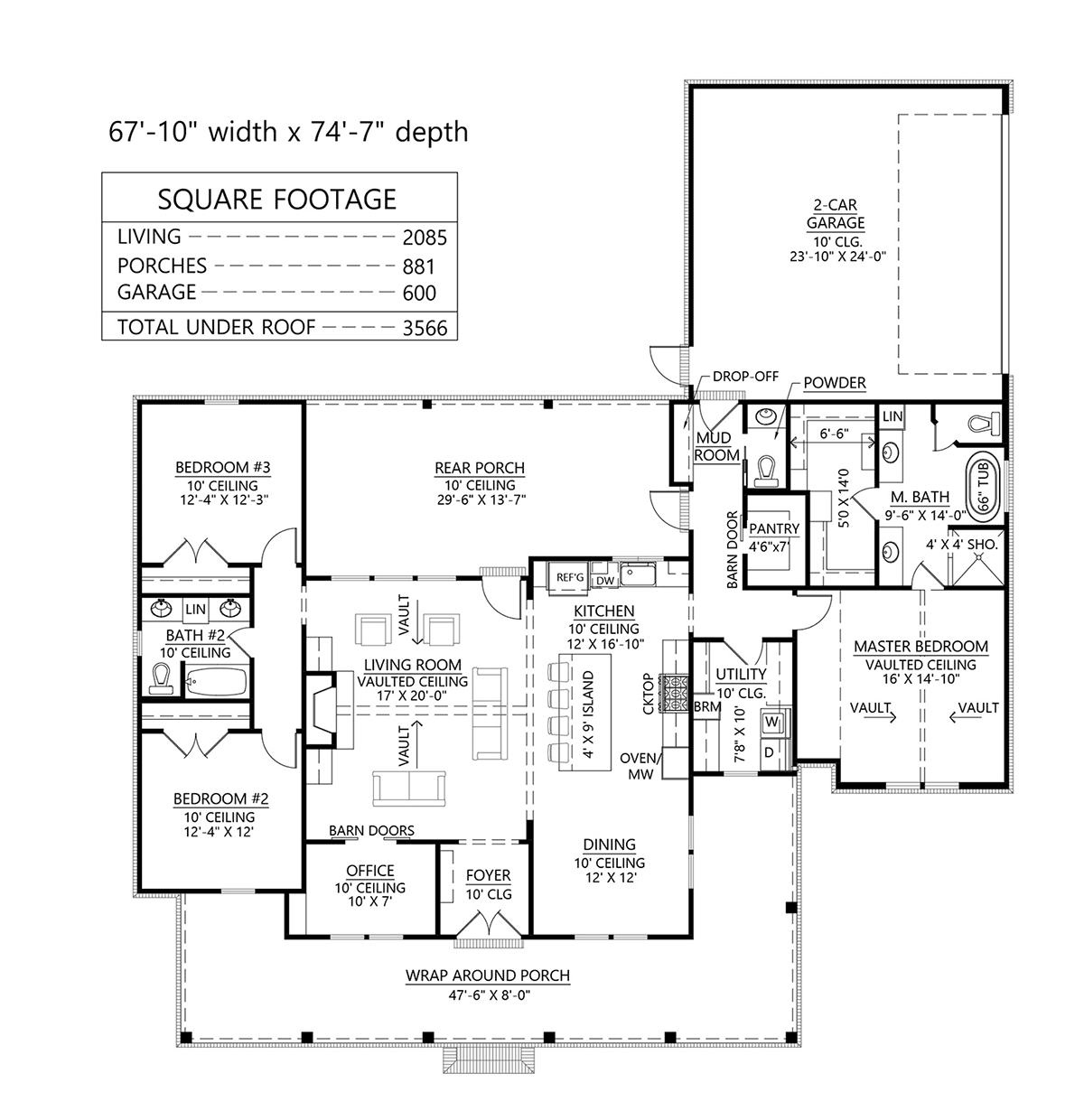 Farmhouse, Southern House Plan 41445 with 3 Beds, 2 Baths, 2 Car Garage Level One