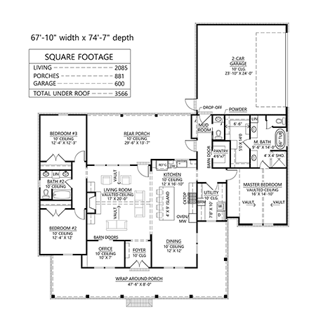 Farmhouse, Southern House Plan 41445 with 3 Beds, 2 Baths, 2 Car Garage First Level Plan