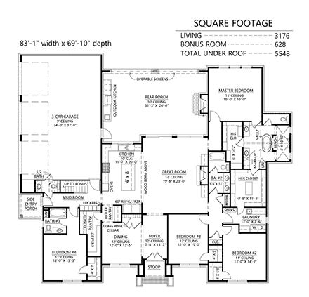Contemporary House Plan 41448 with 4 Beds, 4 Baths, 3 Car Garage First Level Plan
