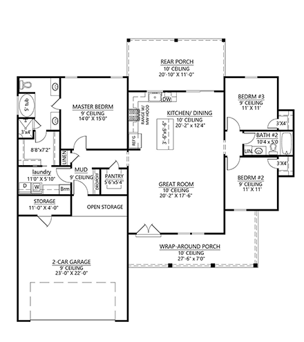 Country, Farmhouse, New American, Ranch House Plan 41449 with 3 Beds, 2 Baths, 2 Car Garage First Level Plan