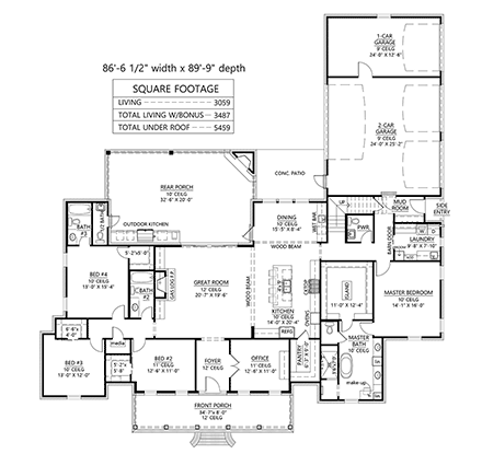 Southern House Plan 41450 with 4 Beds, 5 Baths, 3 Car Garage First Level Plan