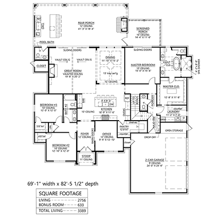 European, French Country, Modern House Plan 41452 with 3 Beds, 5 Baths, 2 Car Garage First Level Plan