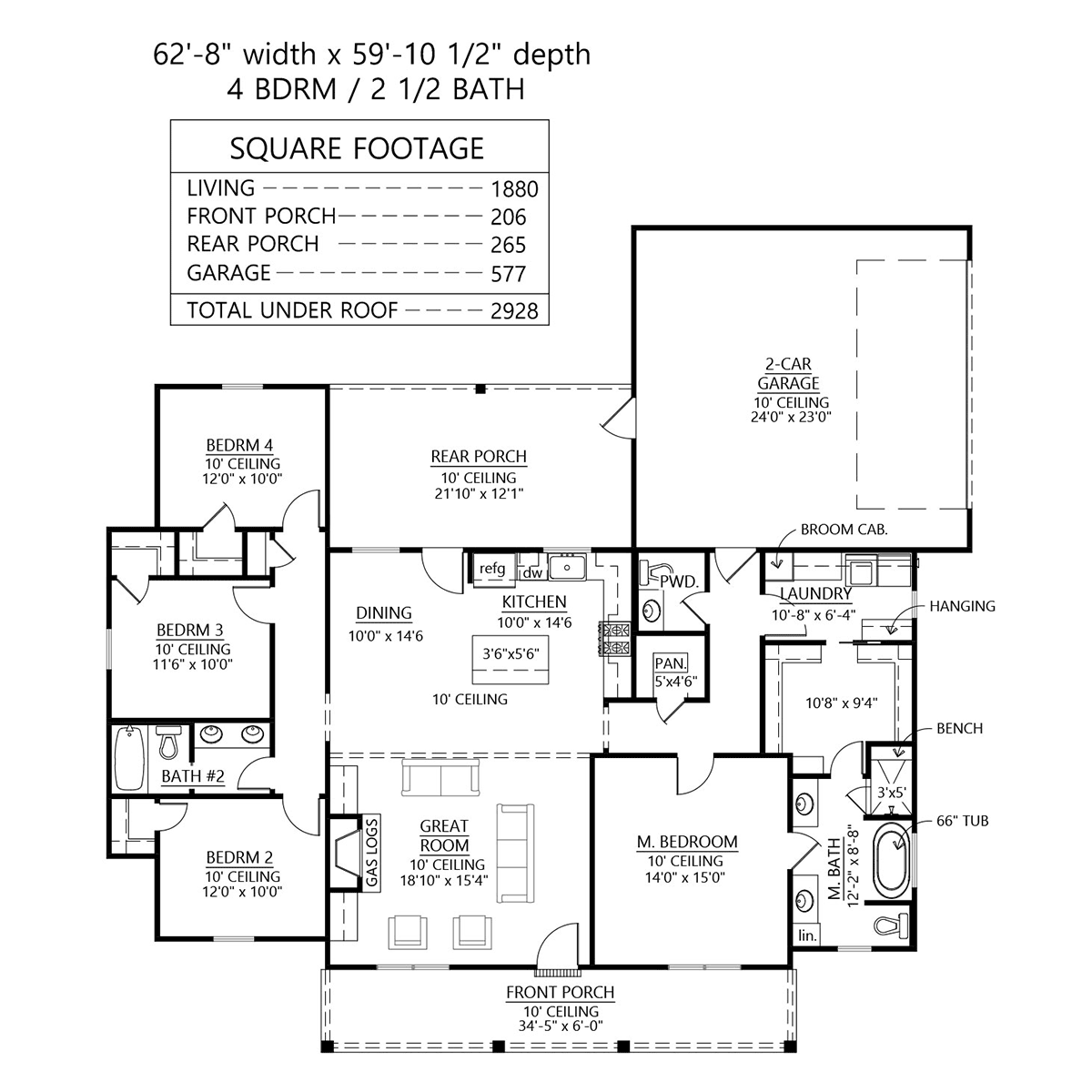 Country, Farmhouse House Plan 41453 with 4 Beds, 3 Baths, 2 Car Garage Level One