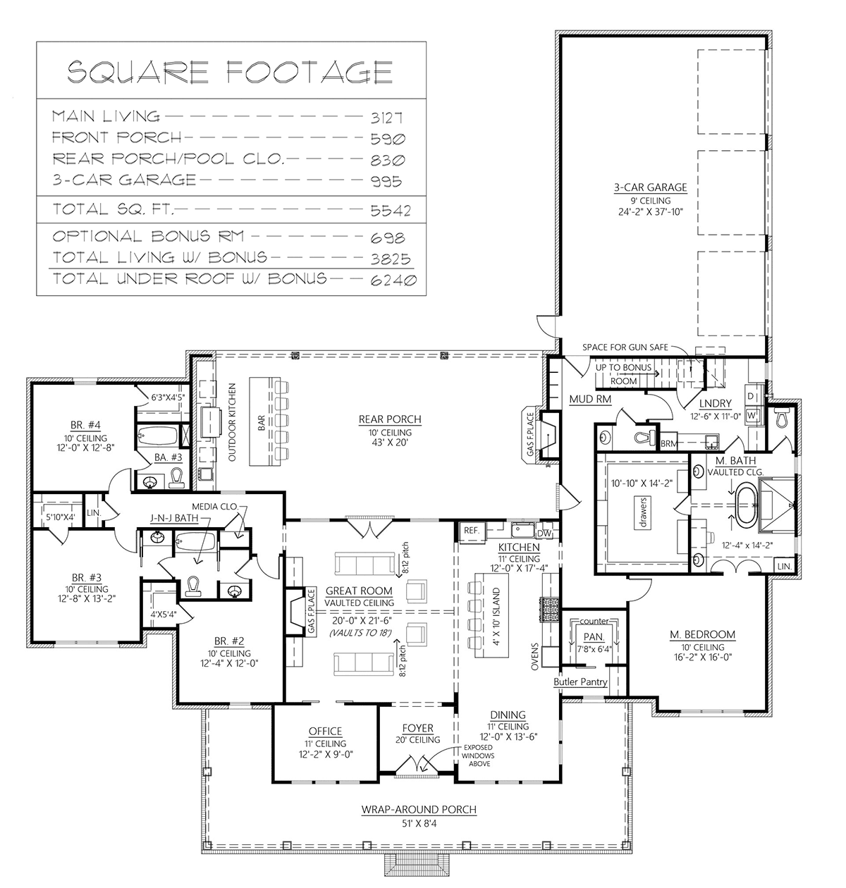 Country, Farmhouse House Plan 41455 with 4 Beds, 5 Baths, 3 Car Garage Level One