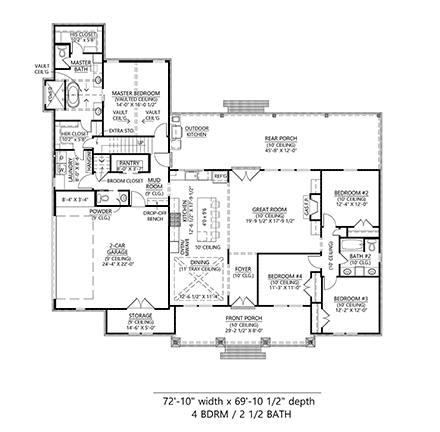 Country, Farmhouse, Ranch House Plan 41456 with 4 Beds, 3 Baths, 2 Car Garage First Level Plan