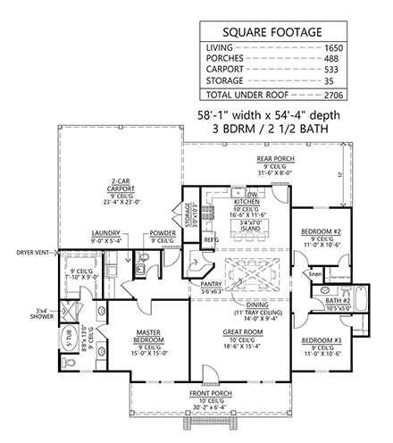 Country, Ranch House Plan 41459 with 3 Beds, 3 Baths, 2 Car Garage First Level Plan