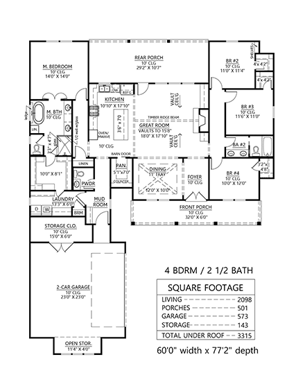 Farmhouse, Ranch House Plan 41461 with 4 Beds, 3 Baths, 2 Car Garage First Level Plan