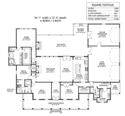 Colonial, One-Story House Plan 41463 with 4 Beds, 3 Baths, 3 Car Garage First Level Plan