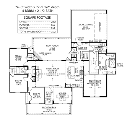 Craftsman, Farmhouse House Plan 41464 with 4 Beds, 3 Baths, 2 Car Garage First Level Plan
