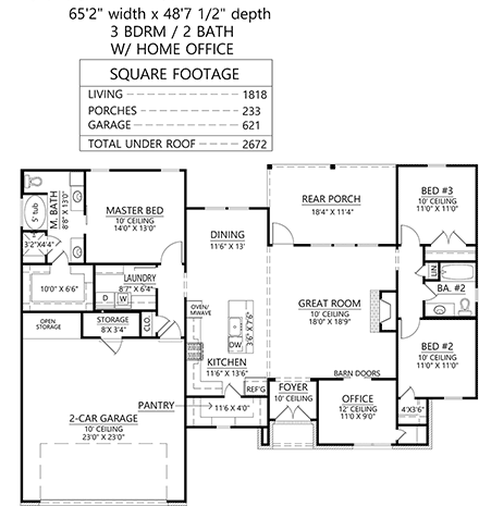 Farmhouse, New American, Ranch House Plan 41465 with 3 Beds, 2 Baths, 2 Car Garage First Level Plan