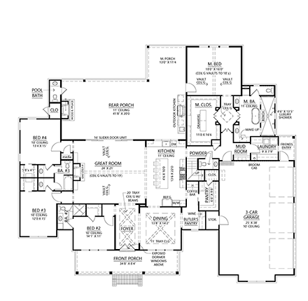 Farmhouse, One-Story, Ranch House Plan 41467 with 4 Beds, 5 Baths, 3 Car Garage First Level Plan