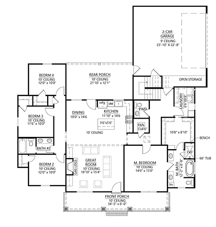 Craftsman, Farmhouse House Plan 41469 with 4 Beds, 3 Baths, 2 Car Garage First Level Plan