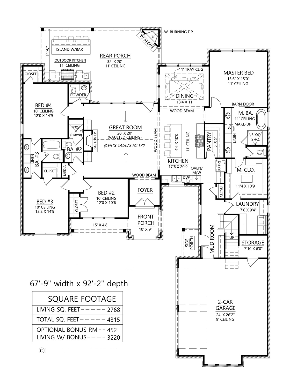 Farmhouse House Plan 41478 with 4 Beds, 4 Baths, 2 Car Garage Level One