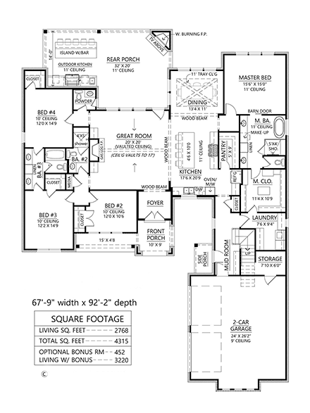 Farmhouse House Plan 41478 with 4 Beds, 4 Baths, 2 Car Garage First Level Plan