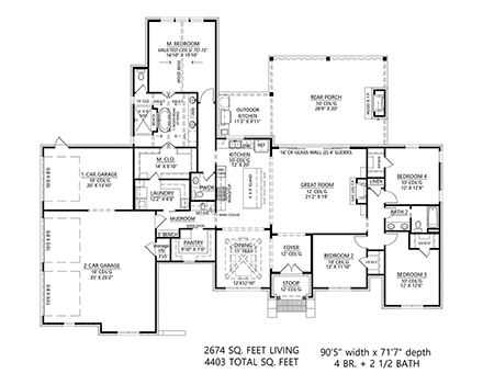 Farmhouse House Plan 41480 with 4 Beds, 3 Baths, 3 Car Garage First Level Plan