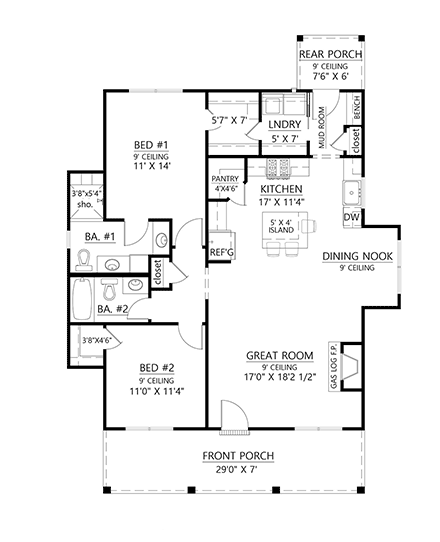 Cottage, Country, Farmhouse House Plan 41482 with 2 Beds, 2 Baths First Level Plan